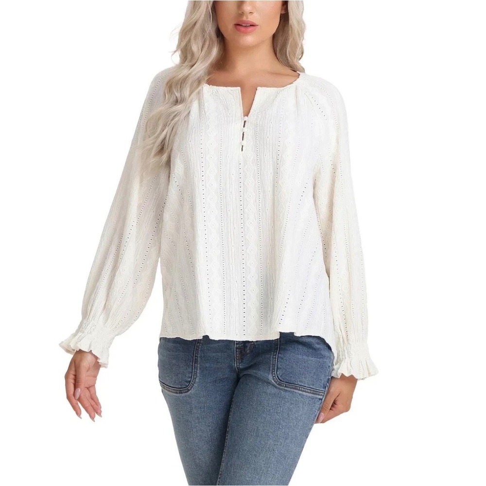 Frye Blouse Womens M Smocked Eyelet Textured Flowy Minimalist Boho Cotrage core